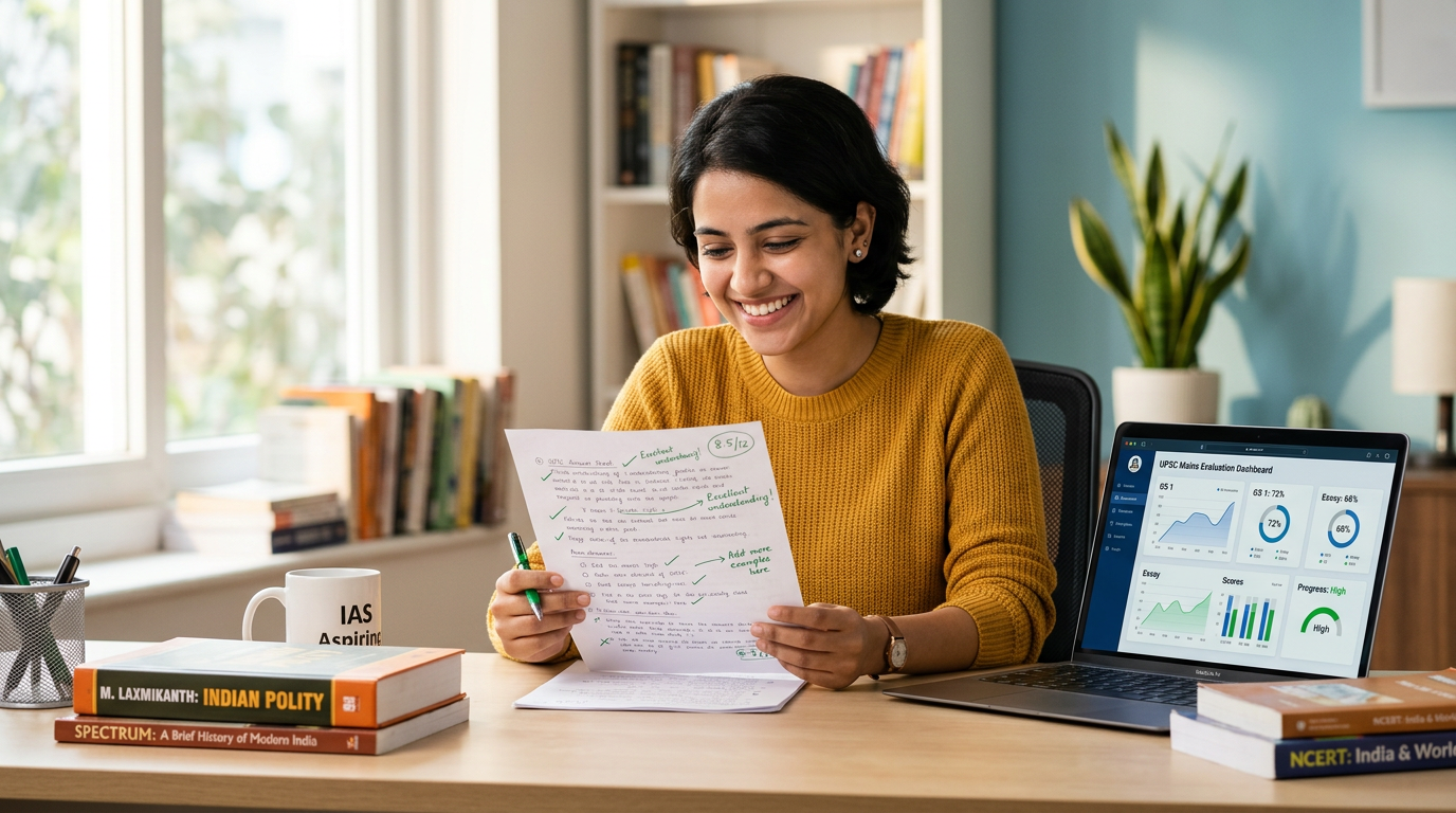 UPSC aspirant reviewing AI-evaluated answer with scores and feedback